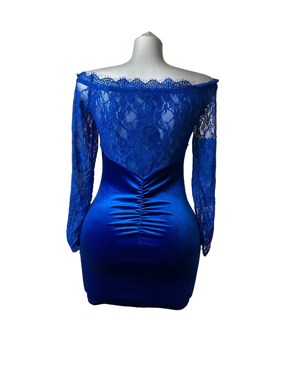Royal Blue Off Shoulder Velour Lace Bodycon Mini Dress - Picture 10 of 10